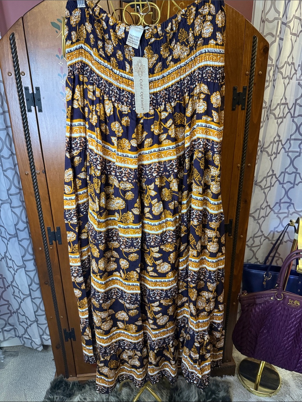 Smocked Boho maxi skirt or dress Lightweight Floral Midi OS S-XL sku7
